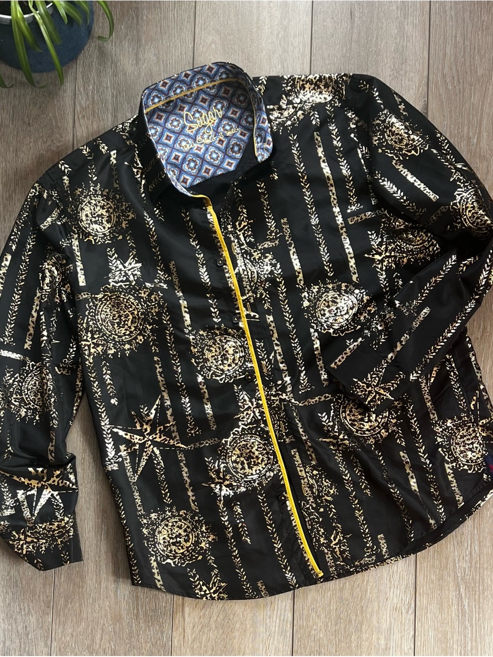 SUGAR Black button down dress shirt gold Medallion Print and mustard Yellow